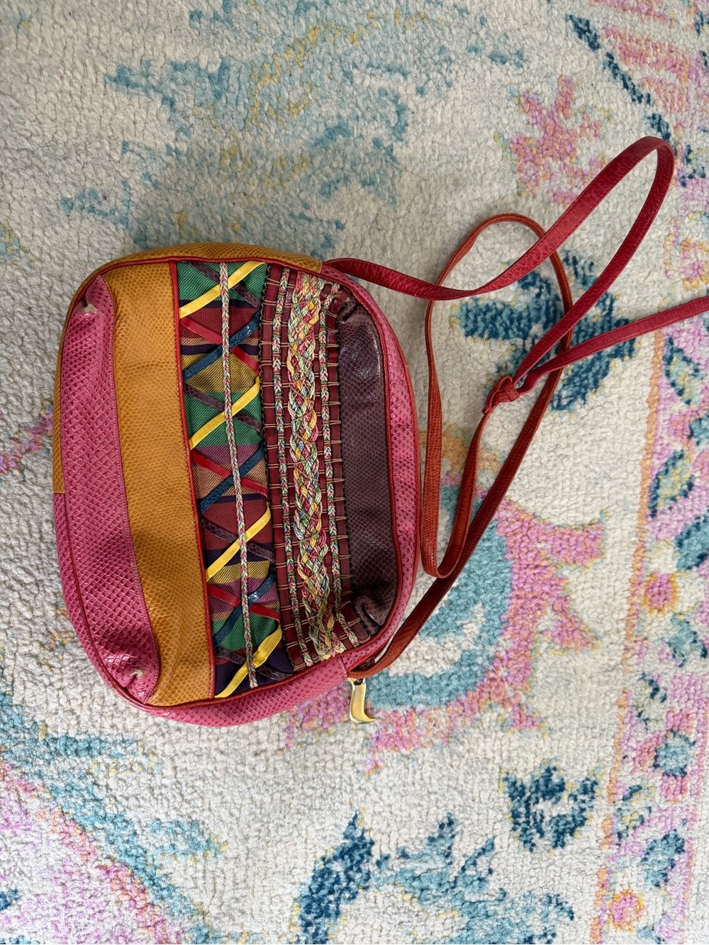Sharif Pink Crossbody with Mustard & Multicolor Woven Panels